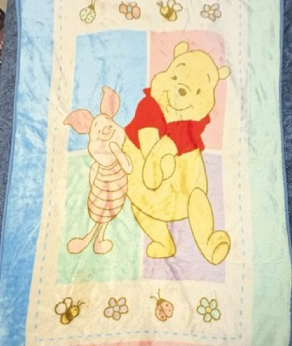 Vintage Rare Disney Winnie the Pooh & Piglet Blanket Throw, Blue Multicolor